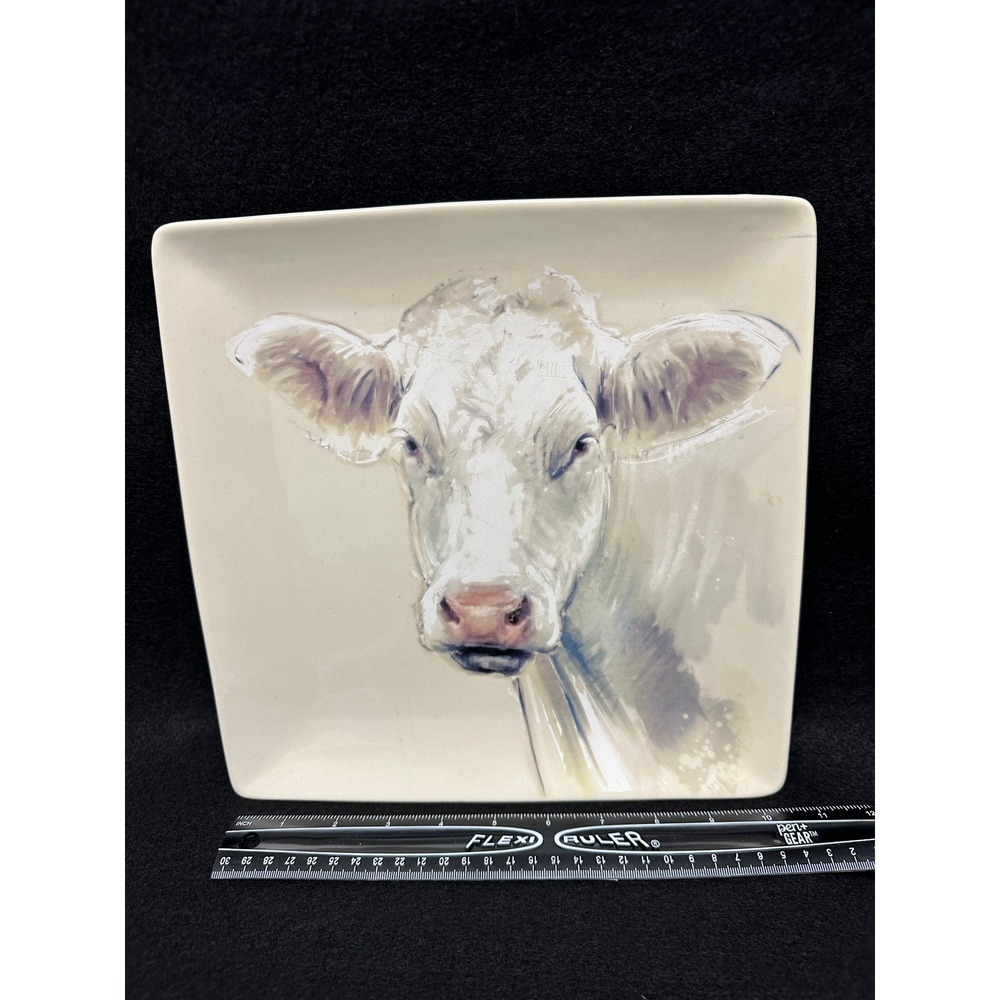 White Charolais Cow Creative Co Op 11" Square Stoneware Plate Farm Animal Design - Picture 4 of 7